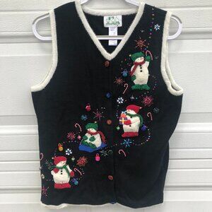 Quacker Factory Black Christmas Vest Snowman Button Up Bedazzled Medium